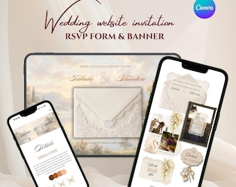 Elegante e delicato modello di invito per sito web di matrimonio, invito con busta color champagne con RSVP e conto alla rovescia, download digitale.