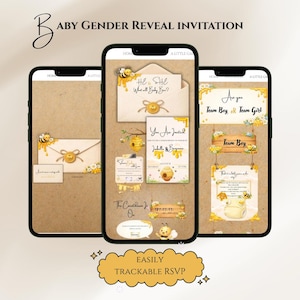 May include: Three smartphones displaying baby gender reveal invitations. The invitations feature bee-themed designs with text like "He or She?" and "Team Boy or Team Girl." The phrase "Easily Trackable RSVP" is also visible.