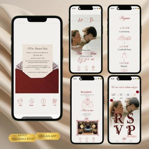 Puede incluir: Un smartphone muestra detalles de boda, incluyendo una invitación e información RSVP. La interfaz de la aplicación presenta un sobre burdeos, un programa del evento y una foto de la pareja. El texto incluye "We Do", "Sara & Adam" y "July 15 2006".