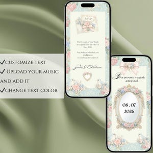 May include: Two smartphones displaying wedding invitation designs. The designs feature floral arrangements, pastel colors, and text including "RSVP" and "Sara & Adam." One phone shows the date "08.07.2026."