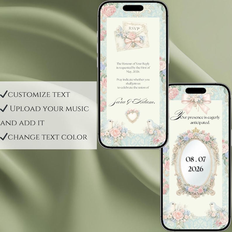 May include: Two smartphones displaying wedding invitation designs. The designs feature floral arrangements, pastel colors, and text including "RSVP" and "Sara & Adam." One phone shows the date "08.07.2026."