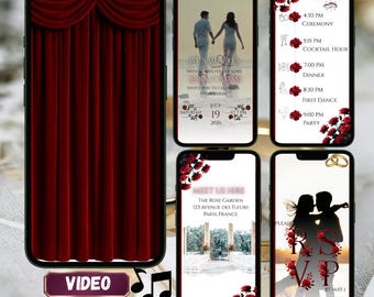 May include: A smartphone displays a red velvet curtain effect, with musical notes and the text "VIDEO OPENING CURTAIN EFFECT." Other screens show wedding details: couple silhouettes, event schedule, RSVP information, and venue details with roses.