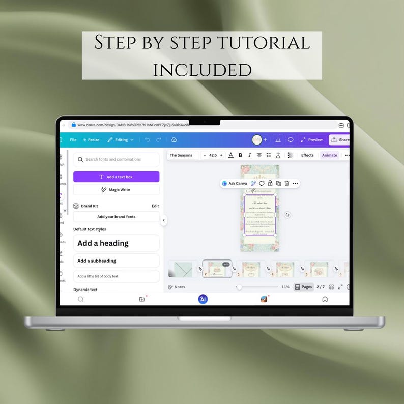 May include: A laptop displaying a design interface with the text "STEP BY STEP TUTORIAL INCLUDED". The screen shows a design project with floral elements and editing tools. The interface includes options for adding text and brand fonts.
