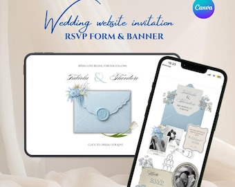 Royal and vintage Baby blue wedding website invitation, animated envelope website invitation with RSVP, light blue wedding invite template