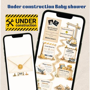May include: Two smartphones display a digital baby shower invitation with an under construction theme. The screens feature construction equipment, a crane, a teddy bear in a hard hat, and text including Our Greatest Project Yet, Olivia Smart, and Crew Check-In.