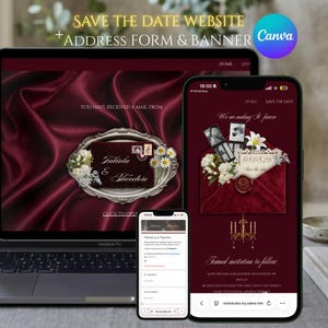 May include: A laptop and two smartphones showcase a wedding invitation design. The design has a burgundy background with floral and envelope motifs. Text includes "Save the Date Website" and "Fabiola & Theodore."