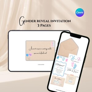 May include: Digital gender reveal invitation displayed on a tablet and smartphone. The invitation includes text: "Gender Reveal Invitation 3 Pages." The tablet shows an envelope design with the text "A sweet surprise is waiting inside, open me to find out!"