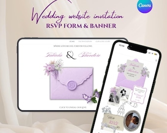 Invito al sito web di nozze lilla classico e vintage, invito al sito web con busta animata con RSVP, modello di invito al matrimonio color lavanda