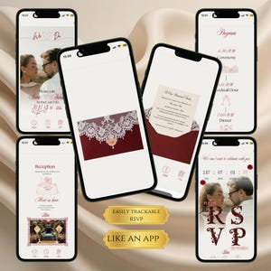 Invitación de boda con sobre animado, moderna invitación de boda estilo app, elegante plantilla RSVP, invitación para guardar la fecha, descarga digital