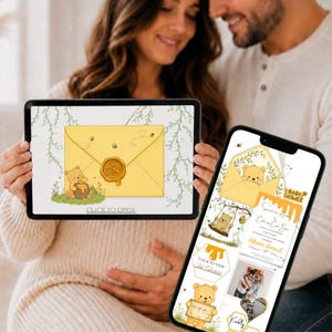 May include: A tablet and a smartphone displaying baby shower invitations. The tablet shows a yellow envelope with a bear illustration and the text "CLICK TO OPEN." The smartphone features a similar design with additional details.