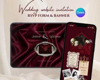Burgundy envelope  wedding website invitation,  Royal animated envelope website invite with RSVP, Burgundy vintage wedding invite template