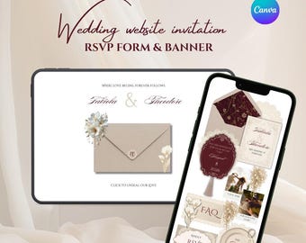 Ivory and Burgundy Wedding Website Template , old money editable Canva website, elegant champagne and burgundy digital invitation with RSVP