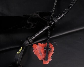 Black Top Grain Leather Single Tail Whip with Cross Detail, Personalized Name Wrist Strap Gallery Whip, Handmade BDSM Impact Gear Flogger
