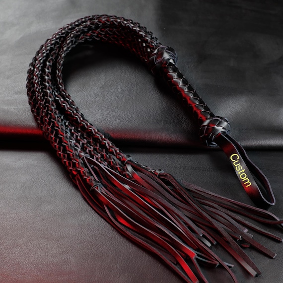 Personalized Genuine Cowhide Cat O Nine Flogger, Custom Name Engraved Black Leather Whip, Thuddy Stingy Tassel BDSM Toy, Bespoke Fetish Gift