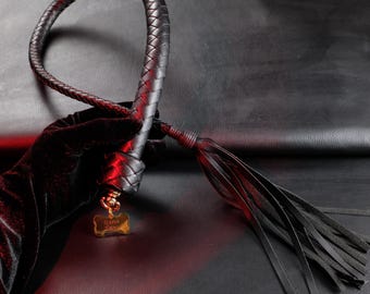 Personalized Black Leather Single Tail Whip with Tassel, Custom Name Gallery Whip for BDSM Impact Play, Professional Bondage Kink Toy