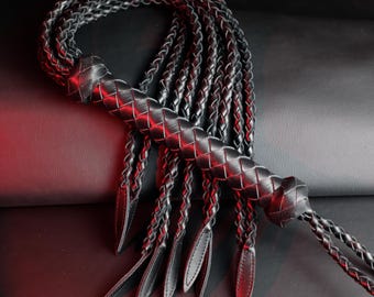 Genuine Cowhide Cat O' Nine Flogger, Handmade Black Braided Leather Whip for BDSM Impact Play, Professional Kink Bondage Toy, Fetish Gift
