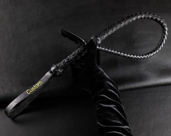Custom Black Top Grain Leather Single Tail Whip, Personalized Name Gallery Whip, Dragon tail Precision Impact Gear, Bondage Kink Accessory