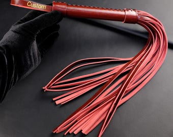 Red Leather Flogger, Personalized BDSM Whip, Handmade Burgundy Cowhide Spanking Flogger, Custom Name Fetish Gift, Multi Tail Impact Paddle