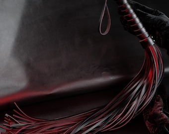 Black Genuine Leather Flogger Whip 64cm,BDSM Impact Play Tool, Thuddy Sting Spanking Bondage Fetish Accessory Smooth Cowhide Bullwhip