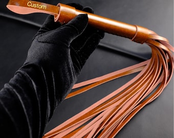Personalized Tan Leather Flogger, Handmade Top Grain Cowhide Multi Tail Whip, Custom Name BDSM Impact Gear, Vintage Leather Gift