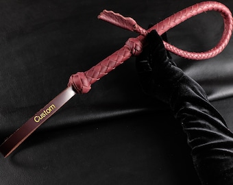 Burgundy Top Grain Leather Single Tail Whip, Custom Name Cowhide BDSM Gallery Whip, Handmade Impact Play Spanking Dragontail Accessory