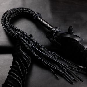 May include: A black leather whip with a braided handle and multiple braided strands. The whip is held by a person wearing black gloves. The background is a dark, textured surface.