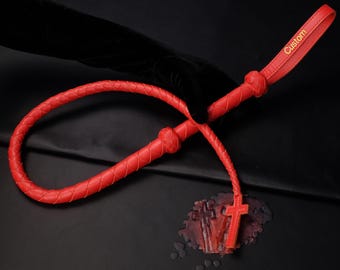 Red Cross Cowhide Leather Single Tail Whip, Custom Name Dragon tail Gallery Whip, Handmade BDSM Sting Spanking Accessory Flogger