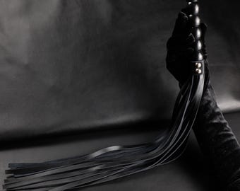 Black Genuine Leather Thuddy Flogger with Hard Handle, BDSM Impact Play Whip, Professional Bondage Kink Toy, Handmade Spanking Fetish Gift