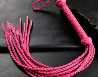 Hot Pink Braided Cat O Nine Genuine Leather Whip, Handmade Impact Play Flogger, Bold BDSM Spanking Gear, Fetish Bondage Accessory