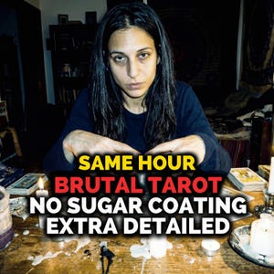 May include: A person sits at a wooden table with tarot cards, candles, and spilled wax. Text on the image reads "SAME HOUR BRUTAL TAROT NO SUGAR COATING EXTRA DETAILED". The image has a dark, mystical aesthetic.