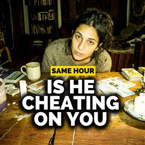 May include: A woman sits at a wooden table with tarot cards, a mug, and candles. The text "SAME HOUR" and "IS HE CHEATING ON YOU" are displayed in bold white letters with a yellow background.