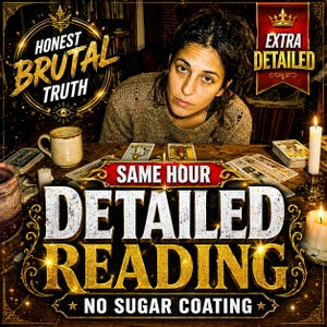 May include: An image promoting a detailed tarot reading. The text includes "Honest Brutal Truth", "Same Hour", "Detailed Reading", and "No Sugar Coating". A person is seated at a table with tarot cards, candles, and a mug.