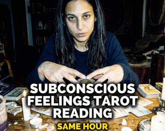 May include: A woman sits at a wooden table with tarot cards, candles, and a jar. The text on the image reads "Subconscious Feelings Tarot Reading" and "Same Hour". The background includes a bookshelf and dim lighting.