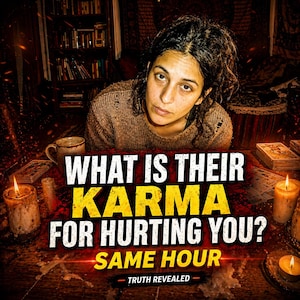 May include: A woman looks directly at the viewer, with the text "WHAT IS THEIR KARMA FOR HURTING YOU? SAME HOUR - TRUTH REVEALED" in yellow and white. Lit candles and tarot cards are on the table.