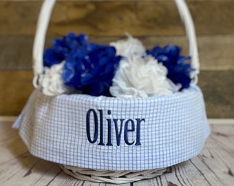 Personalized Easter Basket Liner, Light Blue and White Seersucker Check, Easter Basket Liner With Embroidered Name, Boy Easter Basket Liner