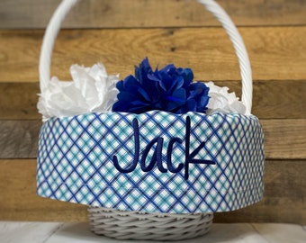 Personalized Easter Basket Liner, Blue, Green, White Diagonal Plaid, Easter Basket Liner With Embroidered Name, Boy Easter Basket Liner