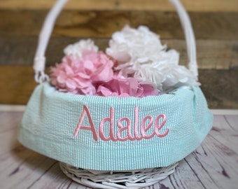 Easter Basket Personalized Liner, Mint Seersucker Easter Basket Liner Embroidered With Name, Personalized Easter Basket For Boys or Girls