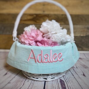 Easter Basket Personalized Liner, Mint Seersucker Easter Basket Liner Embroidered With Name, Personalized Easter Basket For Boys or Girls