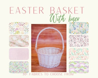 Easter Basket Custom Personalized Liner Of Your Choice | White Wood Easter Basket Folding Handle w/ Easter Basket Liner | Name Embroidered