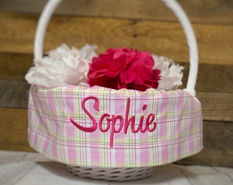 Easter Basket Personalized Liner, Easter Basket Liner With Embroidered Name, Pink and Green Plaid, Pastel Easter Plaid Fabric, Liner Only