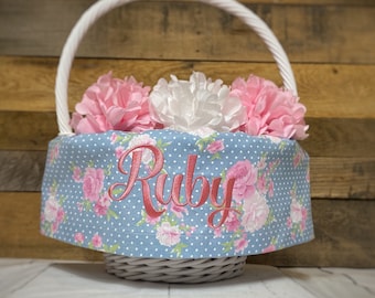 Personalized Embroidered Easter Basket Liner, Gray, Pink Vintage Shabby Chic Rose Floral Easter Basket Liner, Floral Rose Easter Basket