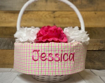 Personalized Easter Basket Liner With Pink and Green Check Easter Basket Liner Fabric, Includes Embroidered Name, Monogrammed Basket Liner