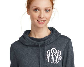 Monogram Hooded Sweatshirt With Cowl Neck | Lightweight Fleece Hoodie | Long Length Sweatshirt |  Personalized Hooded Sweatshirt