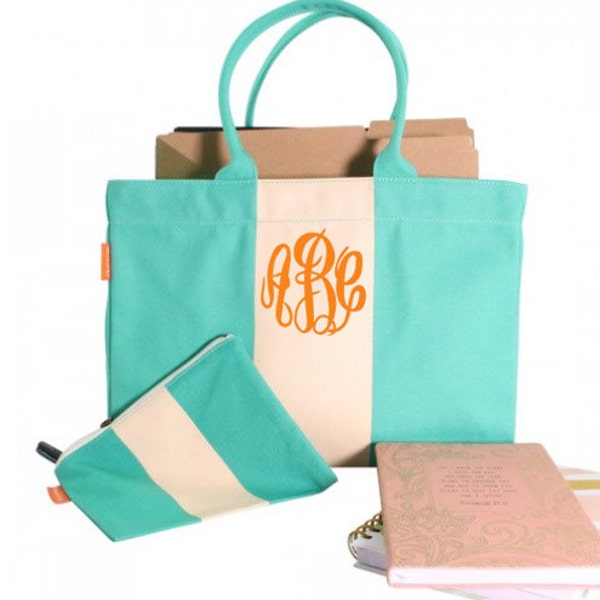 Monogram Canvas Color Block Tote Bag - Personalized Canvas Color Block Tote Bag - Monogrammed Jade Green Tote - Monogrammed Canvas Tote Bag