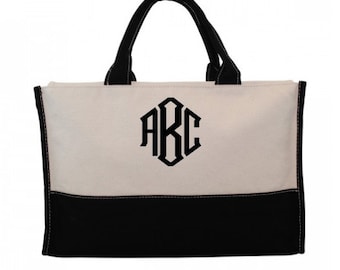 Monogram Canvas Utility Carry All Tote Bag-Personalized Black Trim and Black Handle Canvas Tote Bag-Monogrammed Tote-Monogrammed Canvas Tote