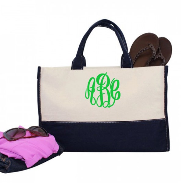 Monogram Canvas Utility Carry All Tote Bag-Personalized Navy Trim and Navy Handle Canvas Tote Bag-Monogrammed Tote-Monogrammed Canvas Tote