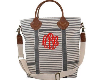 Monogram Gray Stripe Flight Bag - Monogrammed Travel Tote - Leather Handle Travel Commute Tote - Monogram Canvas Tote - Messenger Bag Bag