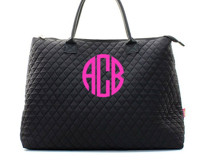Monogram Quilted Black Tote Bag large Personalized Quilted Etsy