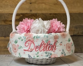 Personalized Easter Basket Liner, Vintage Rose Floral, Shabby Chic Fabric, Personalize Easter Basket Liner For Girls, Easter Basket Cover