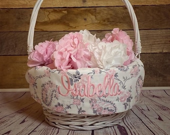 Personalized Easter Basket Liner - Pink and Grey Paisley Basket Liner Embroidered With Name For Easter - Vintage Fabric Easter Basket Liner